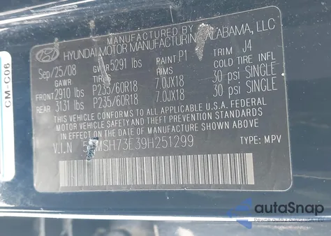 2009 Hyundai Santa Fe Se from USA, damaged, VIN 5NMSH73E39H251299